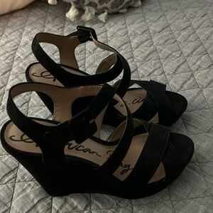 Black, brushed suede-like, wedge sandals